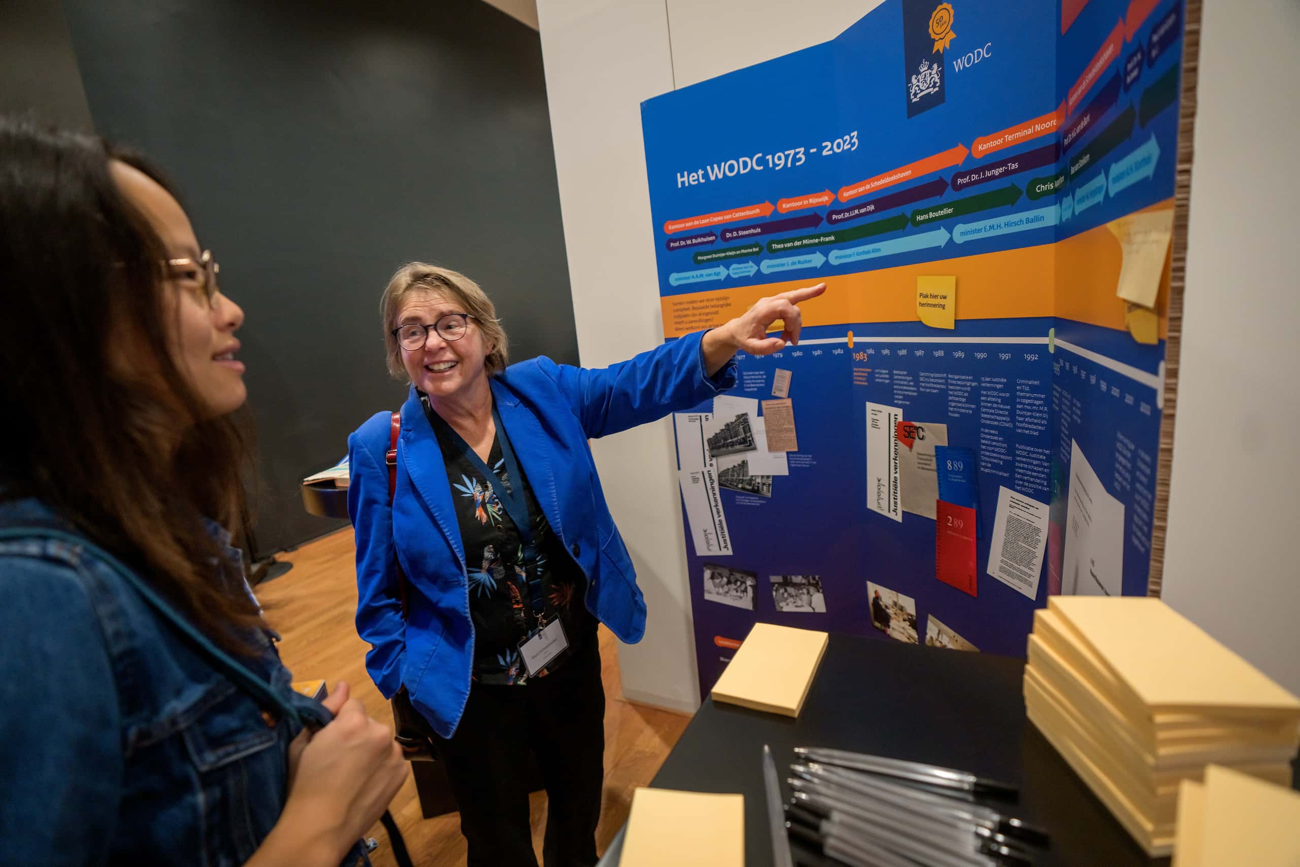 Twee mensen staan bij een paneel met de geschiedenis van het WODC